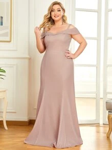 EVERPRETTY Plus Cold Shoulder Mermaid Hem Prom Dress - Dusty Pink - View 3