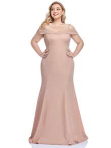 EVERPRETTY Plus Cold Shoulder Mermaid Hem Prom Dress - Dusty Pink - View 6