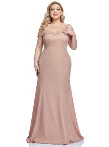 EVERPRETTY Plus Cold Shoulder Mermaid Hem Prom Dress - Dusty Pink - View 8