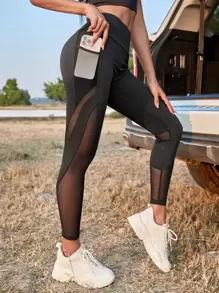 Easithlete Contrast Mesh Phone Pocket Sports Leggings Yoga Women Pants - Black - View 1