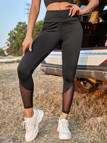 Easithlete Contrast Mesh Phone Pocket Sports Leggings Yoga Women Pants - Black - View 4