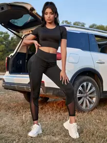 Easithlete Contrast Mesh Phone Pocket Sports Leggings Yoga Women Pants - Black - View 5