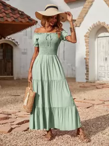 BTFBM Đầm Ren lên Viên lá sen Dải chun màu trơn Boho - Màu xanh Bạc hà - Xem 1