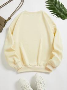 Slogan & Cartoon Face Print Thermal Lined Sweatshirt - Apricot - View 2