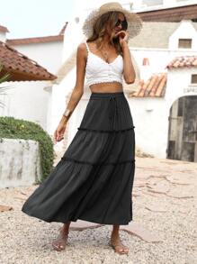 BTFBM 腰部抽繩褶邊細節超長半身裙 - 黑色 - 查看 1