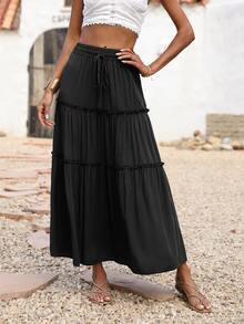 BTFBM 腰部抽繩褶邊細節超長半身裙 - 黑色 - 查看 4