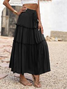 BTFBM 腰部抽繩褶邊細節超長半身裙 - 黑色 - 查看 5