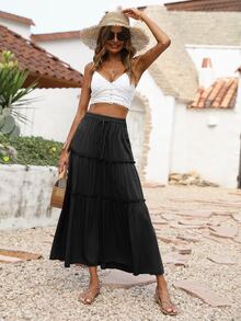 BTFBM 腰部抽繩褶邊細節超長半身裙 - 黑色 - 查看 6