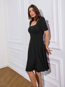 Puff Sleeve Square Neck Dress - Black - View 4