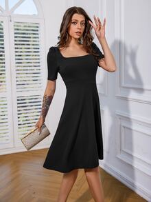 Puff Sleeve Square Neck Dress - Black - View 5