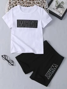 SHEIN 2 chiếc Áo thun cotton in hình cậu bé trẻ tuổi và bộ quần short in tiếng Anh màu trơn, mùa xuân/hè - Đen và trắng - Xem 1