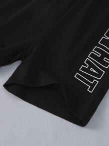 SHEIN 2 chiếc Áo thun cotton in hình cậu bé trẻ tuổi và bộ quần short in tiếng Anh màu trơn, mùa xuân/hè - Đen và trắng - Xem 3