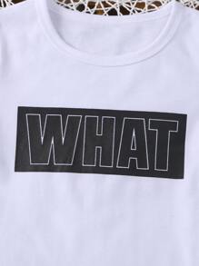 SHEIN 2 chiếc Áo thun cotton in hình cậu bé trẻ tuổi và bộ quần short in tiếng Anh màu trơn, mùa xuân/hè - Đen và trắng - Xem 4