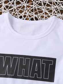 SHEIN 2 chiếc Áo thun cotton in hình cậu bé trẻ tuổi và bộ quần short in tiếng Anh màu trơn, mùa xuân/hè - Đen và trắng - Xem 5