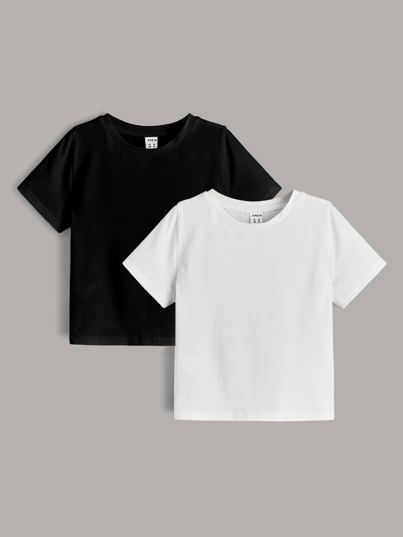 2 chiếc áo thun cổ tròn tay ngắn màu trơn thường ngày cho bé trai, thích hợp mặc hàng ngày vào mùa hè - Đen và trắng - Xem 1