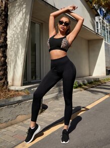 Áo ngực thể thao Leopard Criss Cross Cut Out hỗ trợ trung bình - màu đen - Xem 4