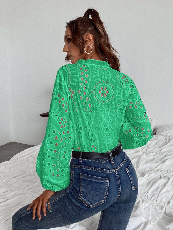 SHEIN Frenchy Solid Eyelet Embroidery Notched Blouse SHEIN UK