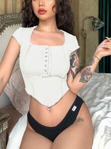 Áo thun nữ Bất đối xứng Xù nhỏ Gân đan màu trơn Giải trí - trắng - Xem 6