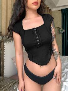 SHEIN EZwear 拼接車縫羅紋短款T恤 - 黑色 - 查看 1