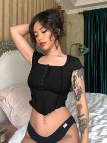 SHEIN EZwear 拼接車縫羅紋短款T恤 - 黑色 - 查看 3