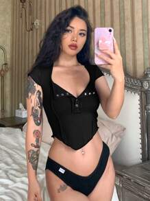 SHEIN EZwear 拼接車縫羅紋短款T恤 - 黑色 - 查看 4