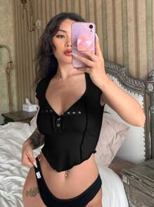 SHEIN EZwear 拼接車縫羅紋短款T恤 - 黑色 - 查看 5