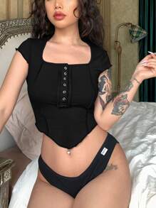 SHEIN EZwear 拼接車縫羅紋短款T恤 - 黑色 - 查看 6