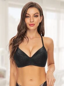 Lencería de moda con encaje calado y contraste en la espalda para mujer de WINGSLOVE - Negro - Ver 3