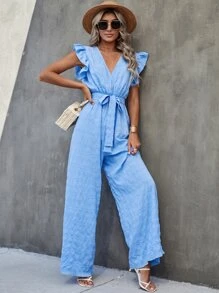 SHEIN Unity Surplice Neck Ruffle Belted Wide Leg Jumpsuit - Blue - View 3