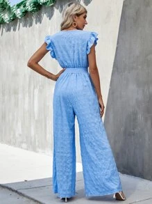 SHEIN Unity Surplice Neck Ruffle Belted Wide Leg Jumpsuit - Blue - View 2