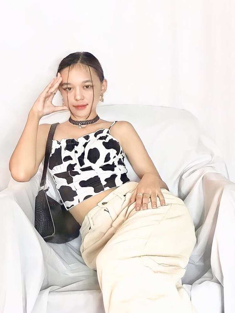 Muchica Frill Trim Ruched Bust Cow Print Cami Top - Black and White - View 1