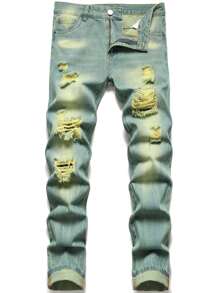 Quần Jeans Nam Nút Túi Bị tách Dây kéo Khối Màu - Rửa nhẹ - Xem 1