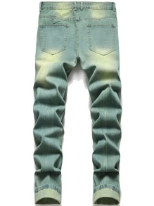 Quần Jeans Nam Nút Túi Bị tách Dây kéo Khối Màu - Rửa nhẹ - Xem 2