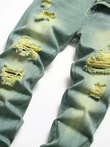 Quần Jeans Nam Nút Túi Bị tách Dây kéo Khối Màu - Rửa nhẹ - Xem 3