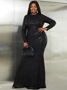 seomiscky Plus Solid Mermaid Hem Sequins Dress - Black - View 1