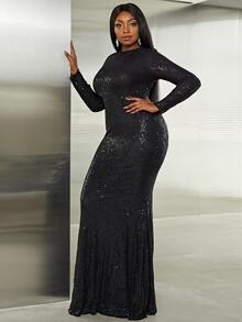 seomiscky Plus Solid Mermaid Hem Sequins Dress - Black - View 3