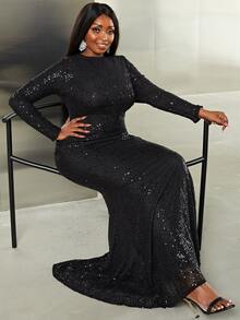 seomiscky Plus Solid Mermaid Hem Sequins Dress - Black - View 4