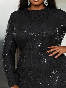 seomiscky Plus Solid Mermaid Hem Sequins Dress - Black - View 6