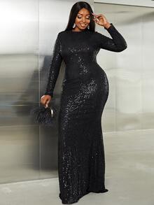 seomiscky Plus Solid Mermaid Hem Sequins Dress - Black - View 7
