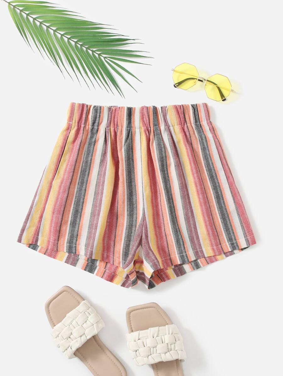 SHEIN VCAY Striped Elastic Waist Shorts - Multicolor - View 1