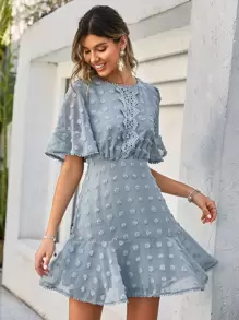 Simplee Swiss Dot Guipure Lace Insert Flounce Sleeve Ruffle Hem Dress - Dusty Blue - View 1