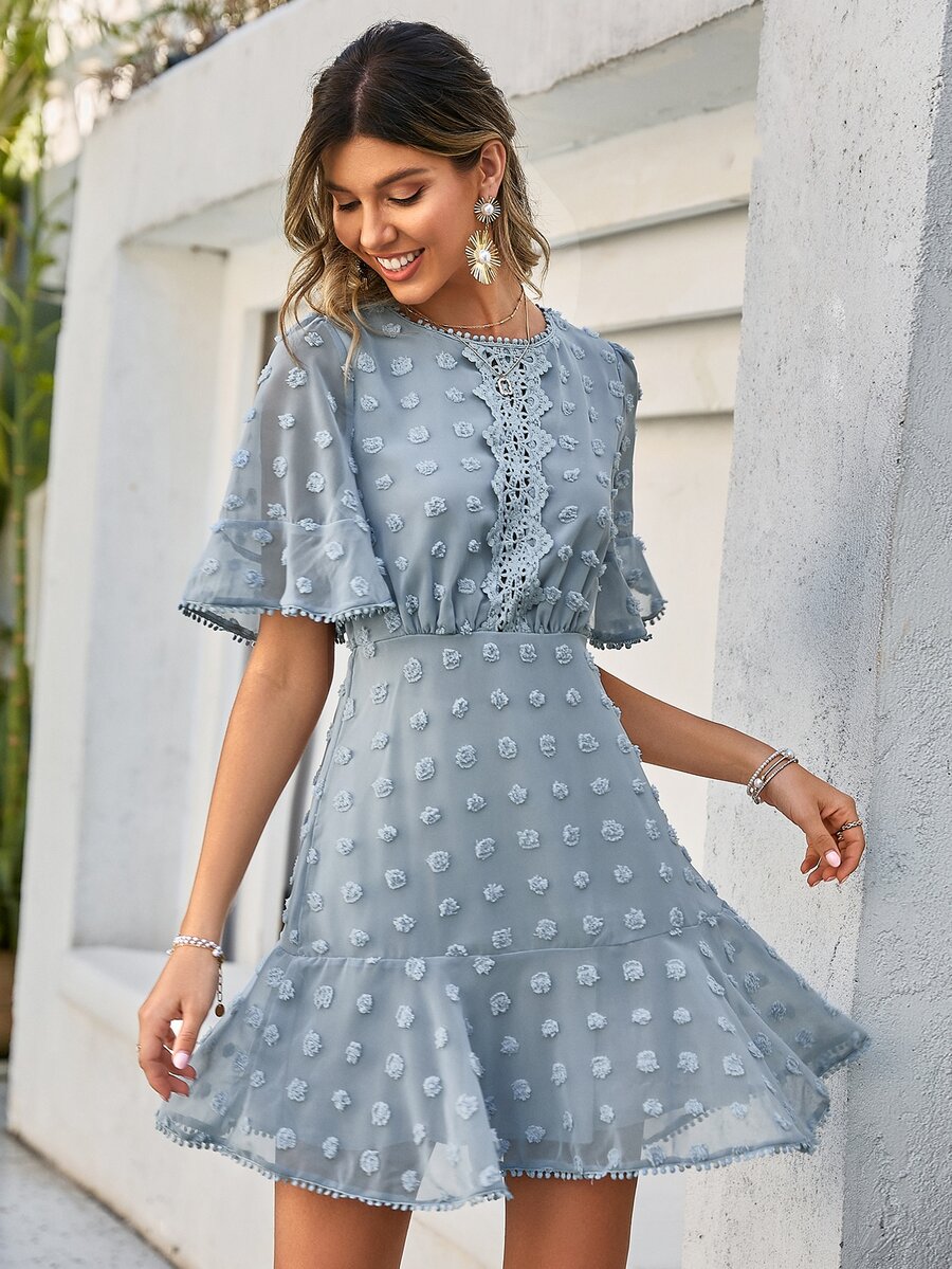 Simplee Swiss Dot Guipure Lace Insert Flounce Sleeve Ruffle Hem Dress - Dusty Blue - View 1