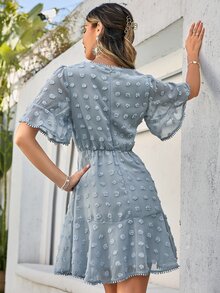 Simplee Swiss Dot Guipure Lace Insert Flounce Sleeve Ruffle Hem Dress - Dusty Blue - View 2