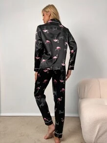 Flamingo and Letter Print Contrast Binding Satin Blouse & Trousers PJ Set - Black - View 2