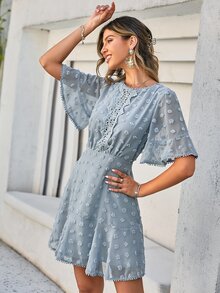 Simplee Swiss Dot Guipure Lace Insert Flounce Sleeve Ruffle Hem Dress - Dusty Blue - View 3