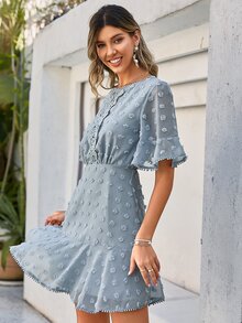 Simplee Swiss Dot Guipure Lace Insert Flounce Sleeve Ruffle Hem Dress - Dusty Blue - View 4