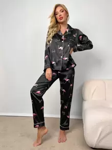 Flamingo and Letter Print Contrast Binding Satin Blouse & Trousers PJ Set - Black - View 4