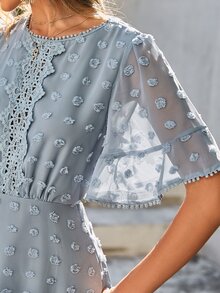Simplee Swiss Dot Guipure Lace Insert Flounce Sleeve Ruffle Hem Dress - Dusty Blue - View 6