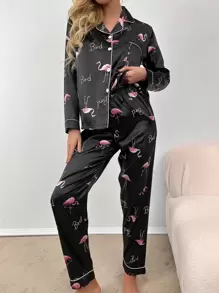 Flamingo and Letter Print Contrast Binding Satin Blouse & Trousers PJ Set - Black - View 5