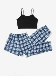3 piezas Conjunto de pijama con top de tirantes con nudo y estampado de cuadros - Multicolor - Ver 2